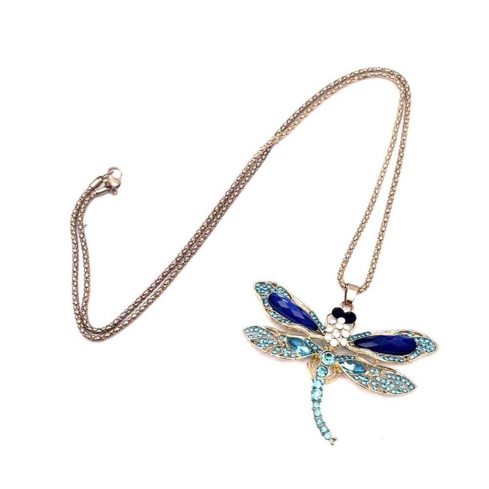 Dragonfly Rhinestone Chain Necklace Gold Tone Lobster Closure Signed 28"
